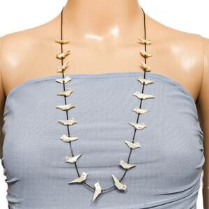 Vintage Hand Carved Zuni Bird Fetish Bead Necklace MOP Sterling Tube Beads 30"